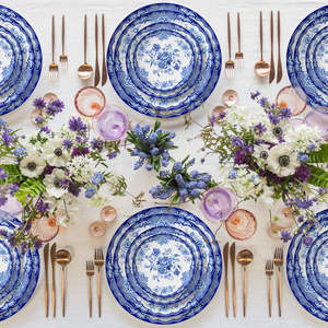 Ensemble de plats de service en porcelaine osseuse, bleu et blanc, fleurs, mariage, dîner - Product Image 6