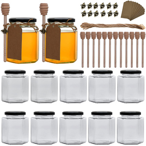 Cuisine en gros 350ml 12oz clair vide unique hexagone pots de miel en verre ensembles avec couvercles en métal d'étanchéité étiquette louche en bois - Product Image 1