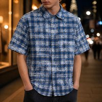 Chemise à carreaux délavée pour homme, coupe oversize, style streetwear, boutonnée, effet vieilli, fabrication OEM, vente en gros