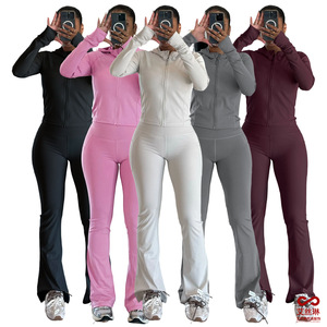 Custom logo Two Piece Set Outfit Autumn Hot Sale Women Long Sleeve Zipper Hooded Jackets with Pants Sets Sports Yoga Suit