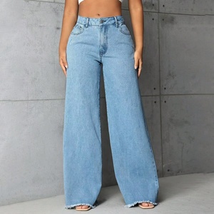 YUANBOFEI <span class=keywords><strong>Jean</strong></span> pour <span class=keywords><strong>femme</strong></span> bleu clair délavé taille haute <span class=keywords><strong>coupe</strong></span> large en denim avec ourlet effiloché décontracté longueur ras du sol style urbain - Product Image 1