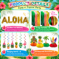 Kit de Décorations de Fête Hawaïenne Luau en Gros, 76 Pièces : Bannière Aloha, Ballons, Rideaux en Nid d'Abeille et Franges pour Anniversaire Tropical