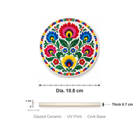Sous-verre en céramique émaillée avec base en liège, impression UV, 10,8 cm de diamètre, épaisseur 0,7 cm, motif floral multicolore, pour table basse et bureau