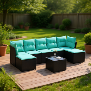 Ensemble de canapés de patio en polyrotin noir pour 8 personnes, mobilier d'extérieur avec coussins, style contemporain, design moderne - Product Image 2