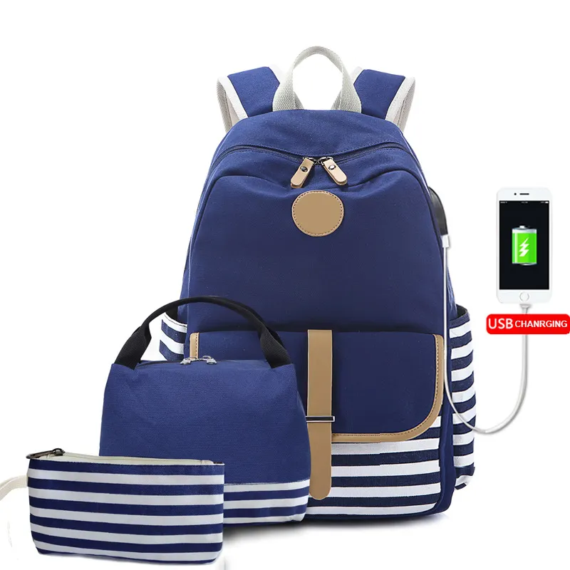 2022 कैनवास बैग यूएसबी चार्जिंग पोर्ट के साथ फैशन यूएसबी काले पट्टी प्राथमिक स्कूल के छात्र अछूता दोपहर के भोजन के बैग काले बैग