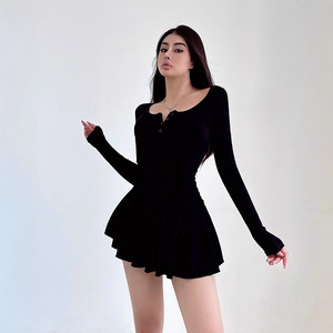 Ballet Style U Neck Long Sleeve Dress Women Autumn Pleated A Line Skirt Solid Color Slim Fit Sports Leisure - Product Image 3