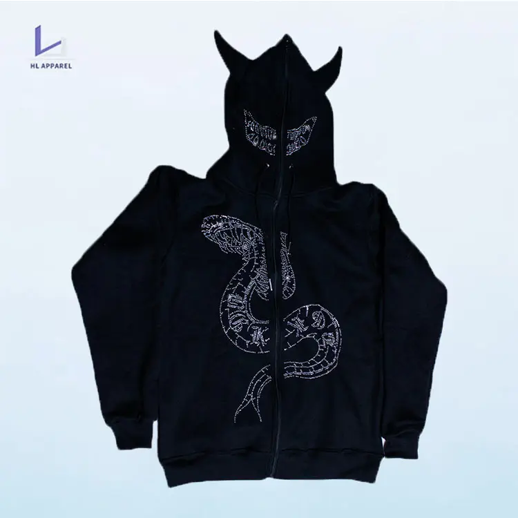 HL manufacturer men High quality cotton hip hop hoodie horns Custom Snake Pattern full zip up hoodie with rhines tones