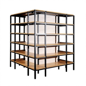 Étagère de présentation modulaire robuste Highbright à 4 niveaux avec cadre métallique noir et finition imitation bois, installation rapide pour le commerce de détail - Product Image 1