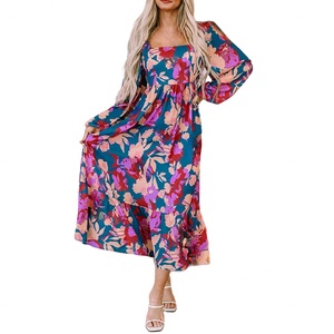 Retro Multi-color Printed square Neck Women's <b>Dress</b> Casual Versatile Women's <b>Dress</b> - Product Image 1