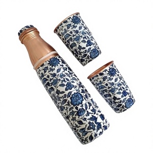 Copper Vacuum <b>Flask</b> With Blue Floral Design Double Wall Insulated <b>Bottle</b> For Outdoor Use Pure Copper <b>Bottle</b> With Two Glass - Product Image 2
