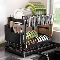 Égouttoir à vaisselle à 2 niveaux en acier au carbone, support de séchage en métal pour comptoir de cuisine avec égouttoir et porte-ustensiles/baguettes