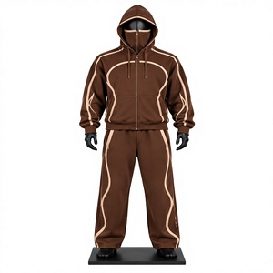 Ensemble de survêtement personnalisé pour homme, respirant, uni, marron, avec sweat à capuche intégré et pantalon de jogging en polaire à fermeture éclair intégrale, pour l'automne, vente en gros - Product Image 1
