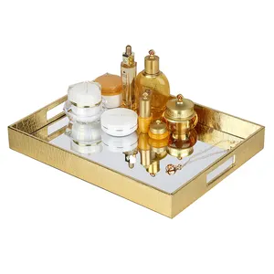 Bandeja cosmética de couro de pu, luxuosa, dourada, para decoração de casa, bandeja decorativa