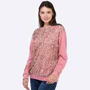 <span class=keywords><strong>Pull</strong></span>-over <span class=keywords><strong>rose</strong></span> à col ras du cou côtelé pour l'automne-hiver Sweat-shirt en coton à paillettes brillantes avec logo personnalisé - Product Image 4