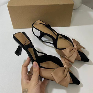 French Style Heel <b>Sandals</b> for Women - Pointed Toe Bow Decoration Color Block Cutout Heel with Back Strap - Product Image 3