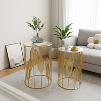 Set Meja Kopi Logam 2 Buah Warna Emas Mewah, Meja Samping Besi Ramah Lingkungan, Dekorasi Rumah Modern, Furnitur Ruang Tamu, Grosir Lander