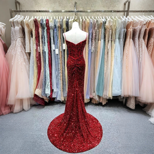 Jancember LSJA34 Sparkly <strong>Red</strong> <strong>Sequins</strong> Golden Spaghetti Strap Mermaid Slim Evening Party Dress - Product Image 2