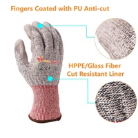 Gants de sécurité anti-coupure haute résistance HPPE SNELL avec revêtement PU, plus de 30 000 cycles d'abrasion, haute dextérité, pour la construction