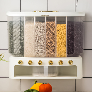 Dispensador de Granos de 6 Compartimentos, Contenedor de Arroz de un Solo Toque, Almacenamiento de Cereales Montado en la Pared, Organizador Hermético a Prueba de Humedad e Insectos para Cocina - Product Image 3