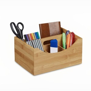 Organizador de escritorio de bambú, caja de almacenamiento rectangular para oficina con compartimentos para bolígrafos, lápices, tijeras y artículos de papelería, minimalista - Product Image 1