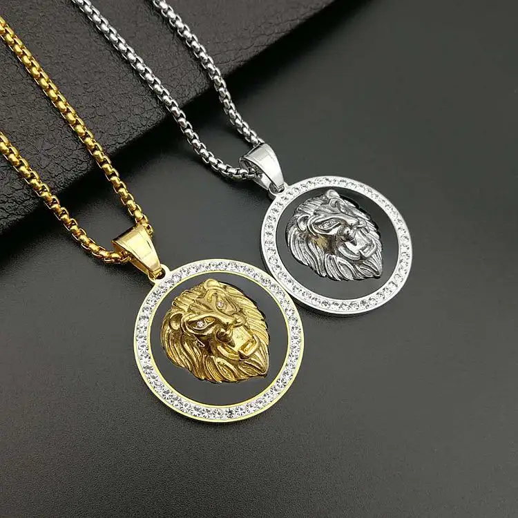 Top Selling Men's Vintage 18K Gold Plated Lion Head Necklace 316L Stainless Steel Diamond Crystal Lion Head Pendant Necklace