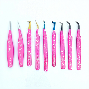 Pinzas para Pestañas de 45 y 90 Grados con Punta de Fibra Recubierta de Gel Rosa, Acero Inoxidable, Herramientas para Extensión de Pestañas de Volumen, Logotipo Personalizado - Product Image 1