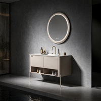 Ensemble de meuble-lavabo de salle de bain contemporain suspendu avec miroir LED rond rétroéclairé, armoire murale avec évier et étagère de rangement