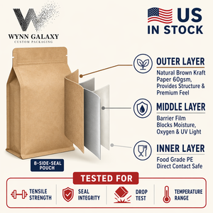 Bolsa de Papel Kraft con Refuerzo Lateral, 10*20*6cm, 4*7.9*2.4in, Cierre Hermético Resistente, para Arroz, Granos, Café, Nueces, Alimentos, Personalizable OEM - Product Image 5