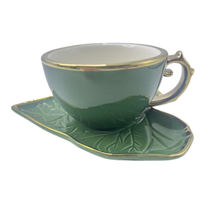 Custom 80ml 180ml Handmade Ceramic Cups Bulk Personalized Engraved Ceramic Coffee Mugs Plate with logo and <b>Leaf</b> Shape - Product Image 3