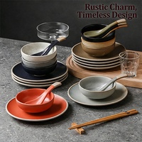 Nouveauté : Ensemble de vaisselle en céramique de style vintage en poterie grossière pour la maison et les restaurants – Bols, assiettes, tasses et cuillères en porcelaine