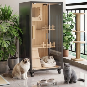 Moderne <span class=keywords><strong>extra</strong></span> grote luxe houten kattenhuis buitenverblijf voor huisdieren met ruimte voor een kattenkooi, duurzaam ontwerp, dierenprint - Product Image 5