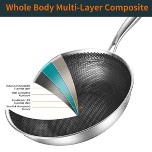 Poêle et <span class=keywords><strong>wok</strong></span> hybrides 28/30/32 cm avec couvercle de 30 cm, <span class=keywords><strong>en</strong></span> <span class=keywords><strong>acier</strong></span> <span class=keywords><strong>inoxydable</strong></span> nid d'abeille antiadhésif, batterie de cuisine avec couvercle <span class=keywords><strong>en</strong></span> verre - Product Image 3