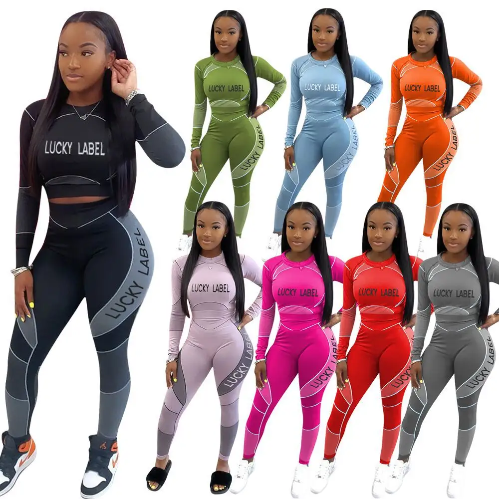 Fall Set Lucky Label Print Women's Set Long Sleeve Tee Tops Legging Pants Set Ribbed Tracksuit Two Piece Outfit Active Sweatsuit