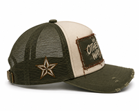 Gorra de béisbol de perfil medio de algodón y espuma, bicolor, con 5 paneles, parte trasera de malla premium, parche bordado, efecto desgastado y cierre snapback tipo trucker