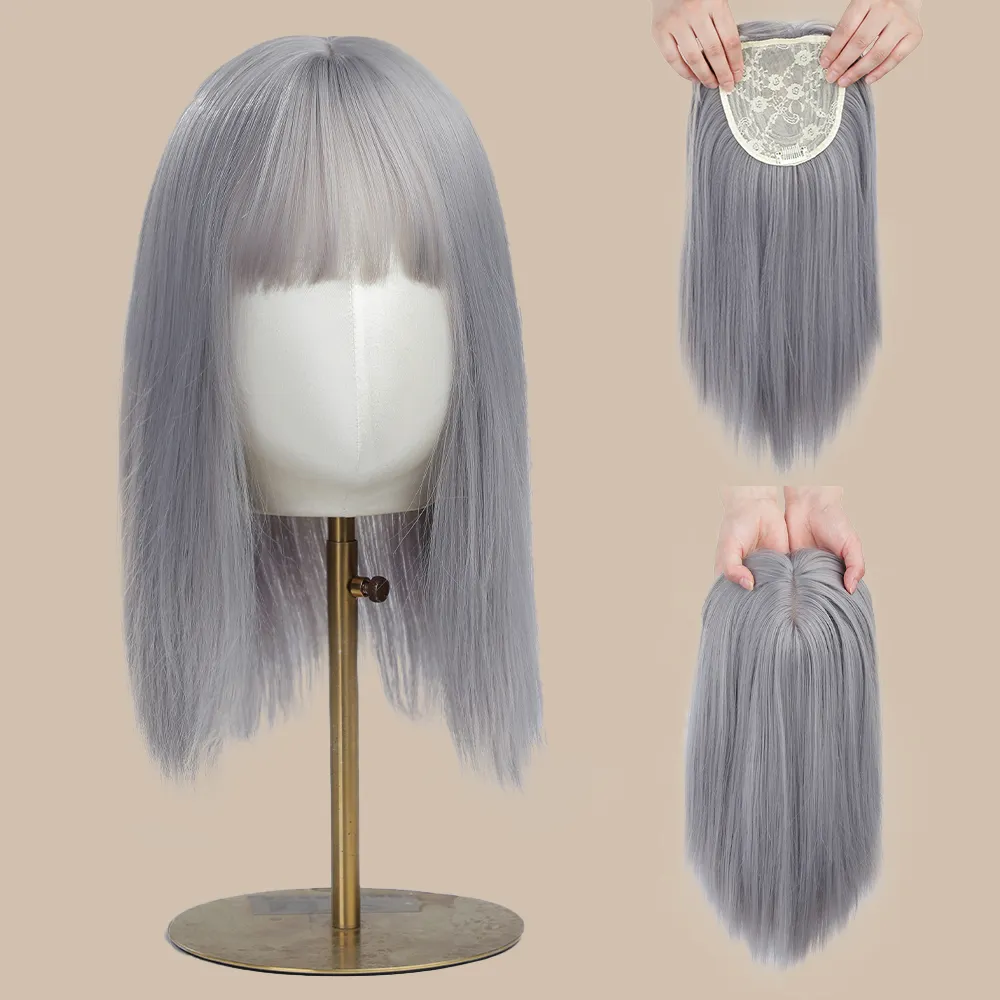 Light Grey Hair Topper Synthetic Hair Pieces Straight Hair with Pre-plucked Hairline for Women Toupee