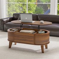 Table basse ovale moderne en noyer foncé avec plateau relevable et rangement dissimulé, table centrale de salon en bois cannelé