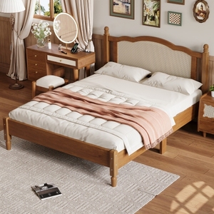 Queen Size Solid Wood Platform <b>Bed</b> with Natural Rattan Headboard and Wooden Slat Support Modern Design Eco-Friendly - Product Image 1