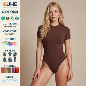 SUHE OEM ODM Winter Summer Casual Skinny Short Sleeve Crew Neck Stretch Snap Crotch Form Fitting Solid Color Womens <b>Bodysuit</b> - Product Image 2