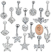 Surtido de Joyería para Ombligo Y2K de Acero Inoxidable, con Diseños de Corazón, Mariposa, Calavera, Estrella, Lazo y Circonita Cúbica, Barras Curvas en Tono Plateado, Venta al por Mayor