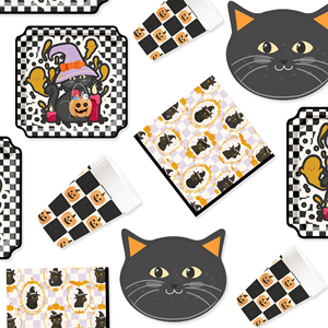 DAMAI Happy Halloween Paper Plates Set Halloween Cat Theme Party Decorations Paper Plates Cups Napkins for Kids Halloween Party - Product Image 2