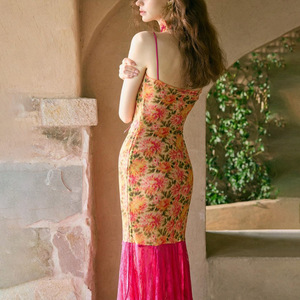 Robe de soirée transparente à manches trois quarts, style européen, pour femme, dos nu, imprimé floral, taille empire, jupe courte - Product Image 4