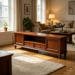 Meuble TV traditionnel en bois massif, 2 portes, 2 tiroirs, noyer, console multimédia pour salon, meuble de rangement au sol - Product Image 1
