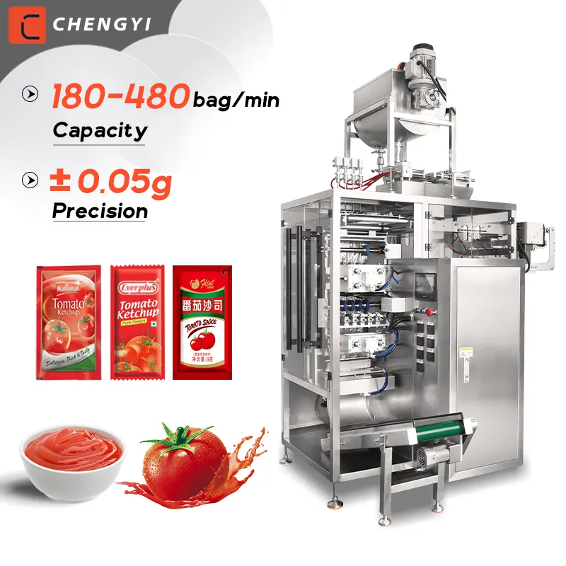 Bolsa automática de bolsita de sellado lateral de 4 carriles múltiples, máquina empacadora de salsa de tomate, máquina de llenado, embalaje de líquido de 10-100g