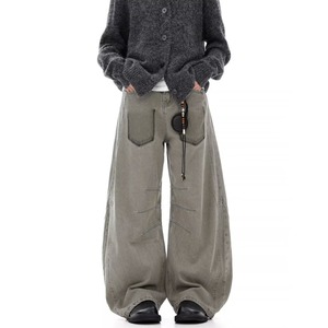 Jean décontracté unisexe coupe droite en denim délavé léger style rétro américain, avec plusieurs poches et délavage laser, idéal pour le printemps - Product Image 1