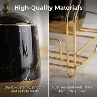 Ensemble de pots à épices en céramique marbrée noire et or de luxe, 7 pièces, pot à sucre, café, thé en porcelaine plaqué or avec couvercle en cristal et support