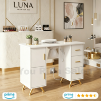 Table de manucure blanche avec collecteur de poussière, pieds en métal doré, station de salon de manucure, armoire de rangement, bureau de travail pour technicien des ongles pour institut de beauté