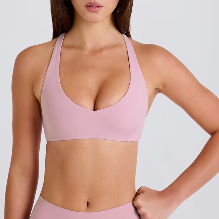 Custom Logo Women's Basic Activewear V-Neck Cross Back Sports Bra Sexy Padded Plain Blank Plus Size Lightweight Seamless Front