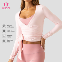 Haut de yoga et de sport pour femme, personnalisé avec logo ODM, respirant, col en V, ajustable, à nouer, manches longues, idéal pour le ballet, le Pilates et la gym