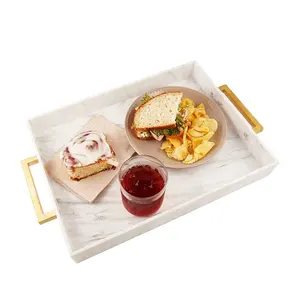 Customized marble acrylic breakfast serving tray with metal handles