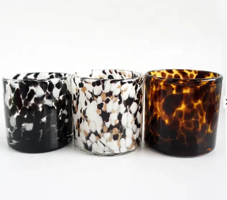 Barattoli di candela all'ingrosso del barattolo di candela di vetro vuoto ambrato bianco nero fatto a mano della stampa del leopardo per la fabbricazione della candela
